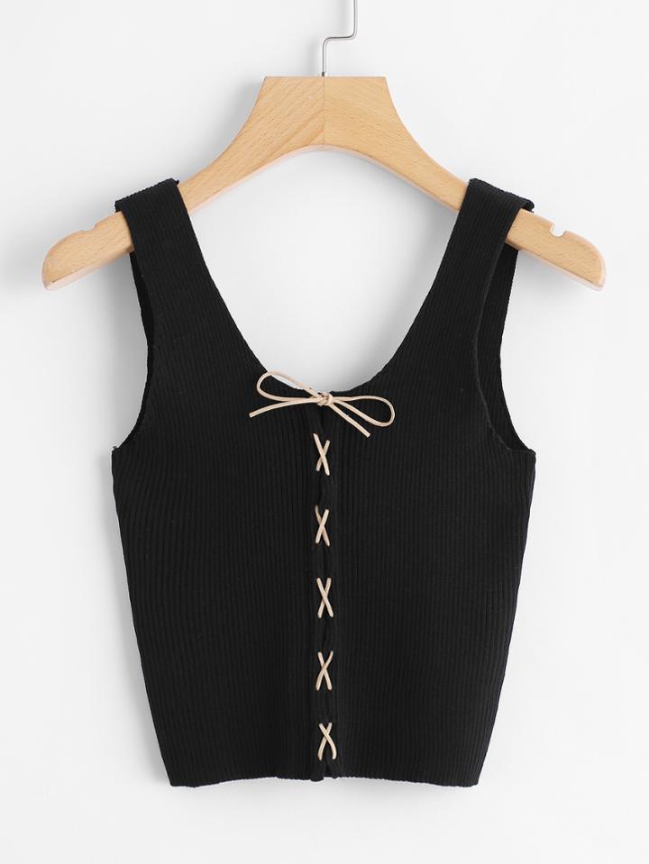 Romwe Lace Up Ribbed Knit Top