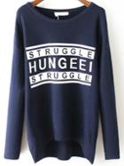 Romwe High Low Letter Print Navy Sweater