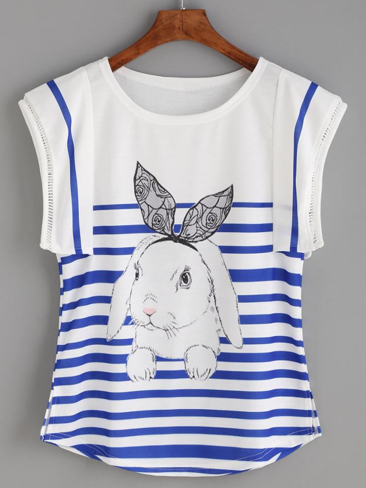 Romwe Blue Striped Rabbit Print Eyelet Cap Sleeve T-shirt