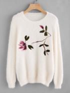 Romwe Botanical Embroidered Fluffy Sweater