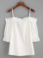Romwe White Cold Shoulder Appliques Hollow Out Ruffle Blouse