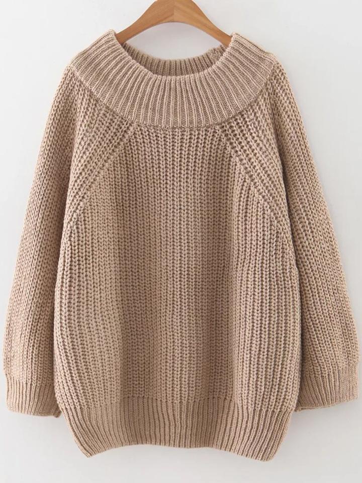 Romwe Khaki Ribbed Trim Round Neck Raglan Sleeve Sweater