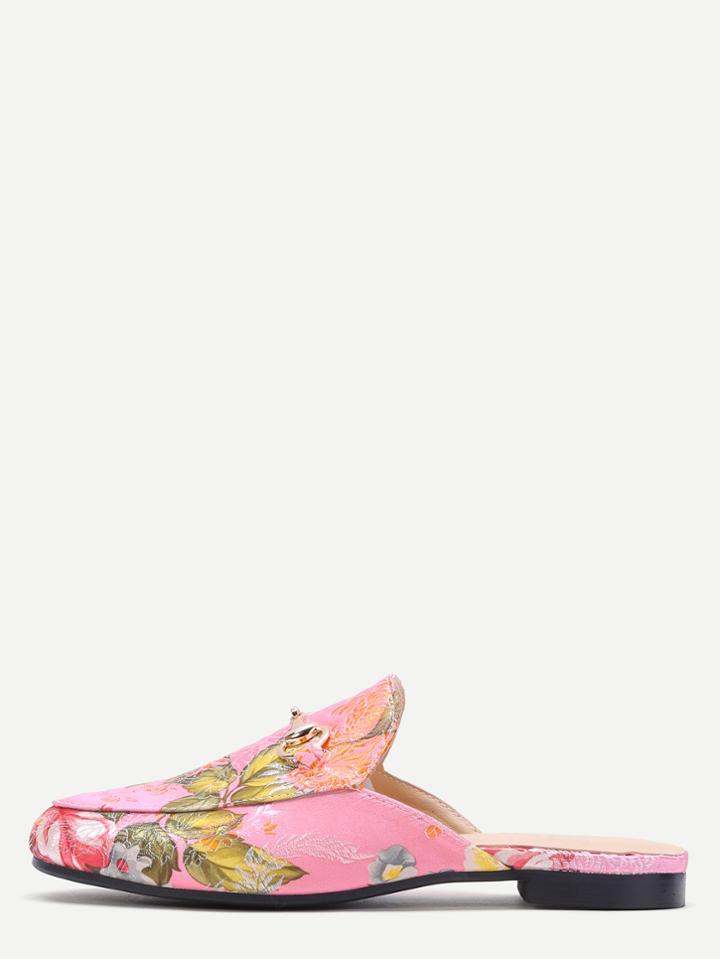 Romwe Pink Floral Embroidered Satin Loafer Slippers