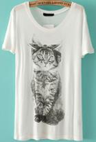 Romwe Bow Cat Print Loose T-shirt