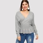Romwe Plus Ruffle Hem Surplice Front Sweater