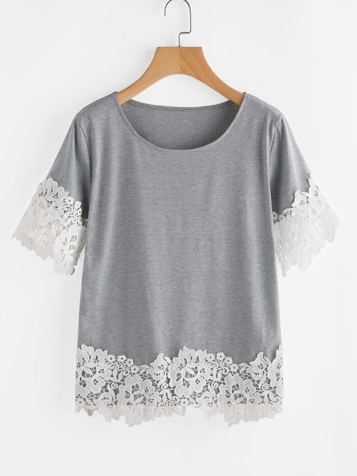 Romwe Contrast Crochet Trim Marled Tee