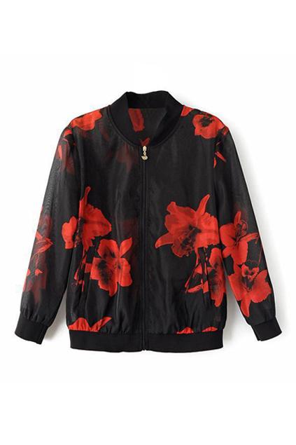 Romwe Floral Print Transparent Jacket