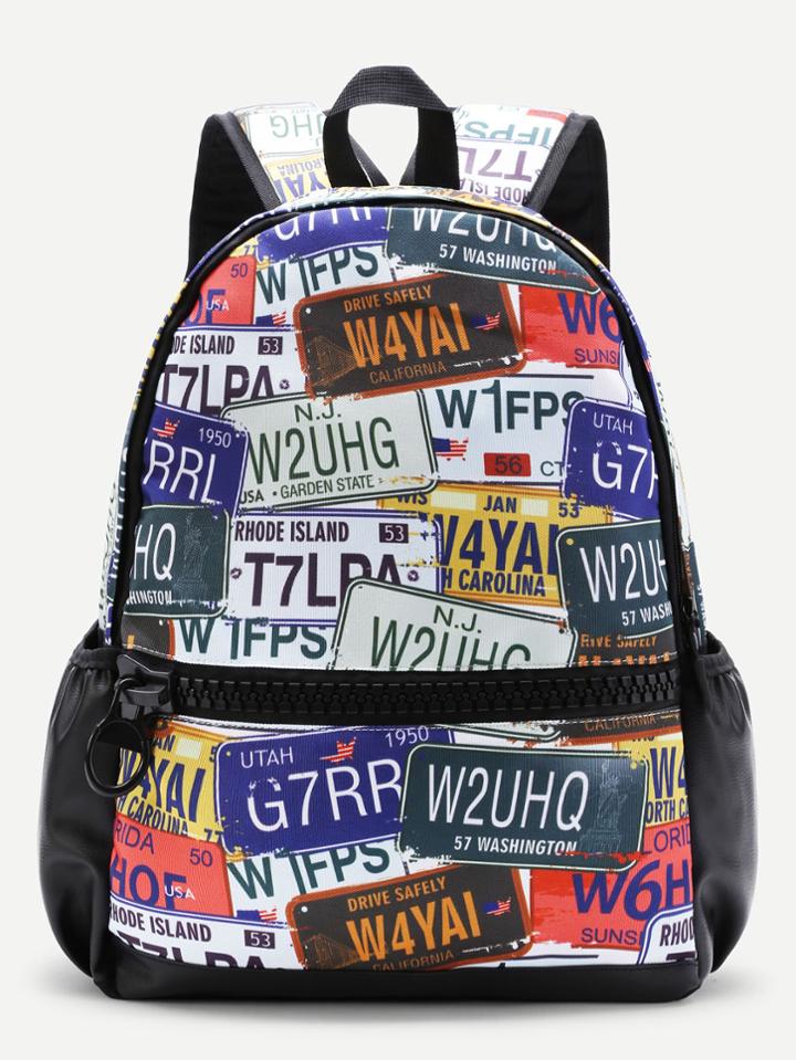 Romwe Graphic Print Zipper Front Canvas Backpack