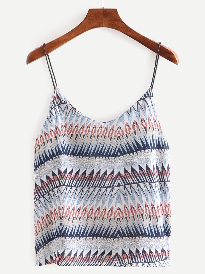 Romwe Blue Spaghetti Strap Print Chiffon Cami Top