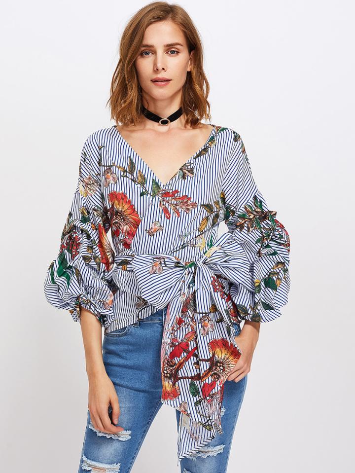 Romwe Gathered Sleeve Mixed Print Surplice Wrap Top