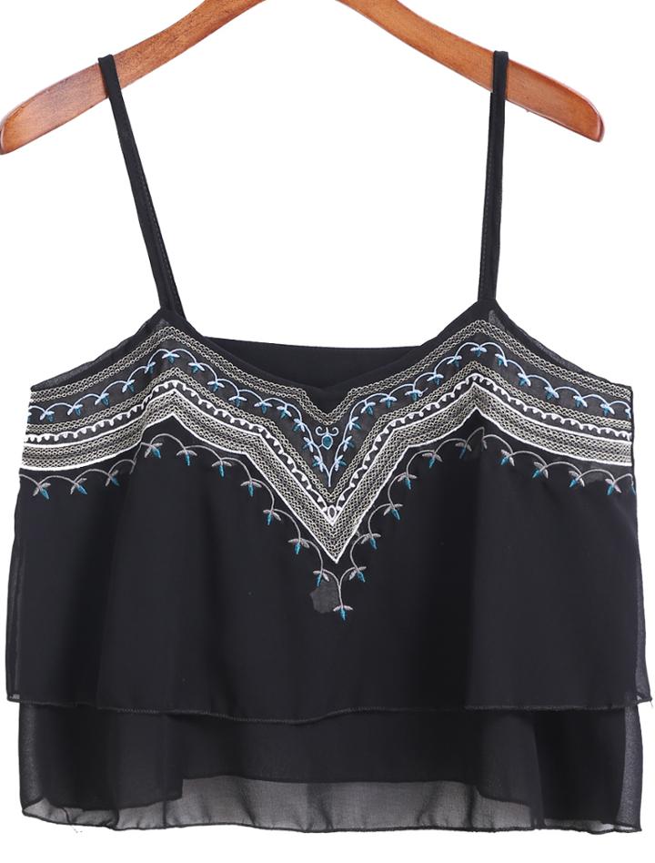 Romwe Black Spaghetti Strap Embroidered Crop Chiffon Cami Top