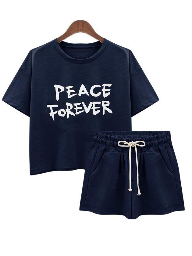 Romwe Letter Print T-shirt With Shorts - Blue