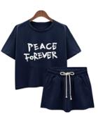 Romwe Letter Print T-shirt With Shorts - Blue