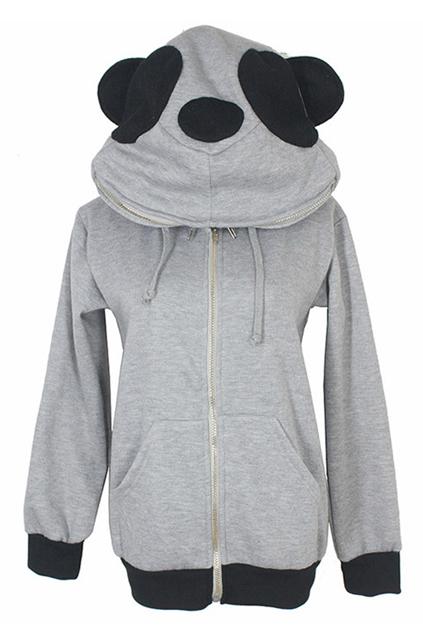 Romwe Grey Panda Hoodied Sweatshirt