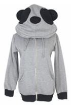 Romwe Grey Panda Hoodied Sweatshirt