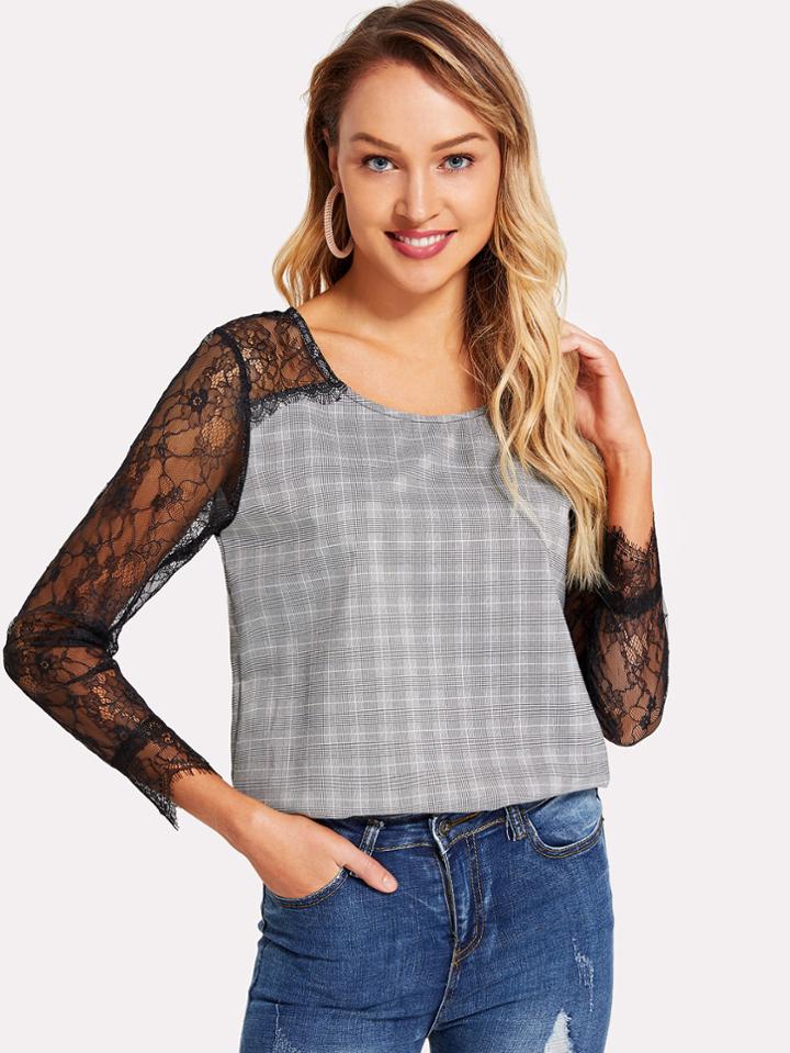 Romwe Floral Lace Insert Plaid Blouse