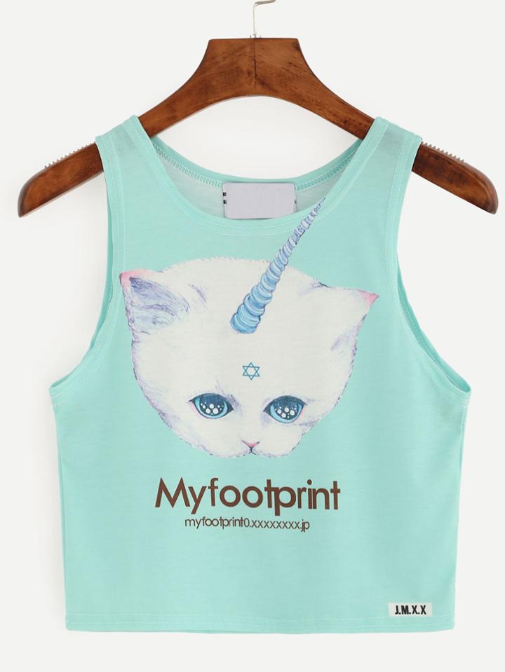 Romwe Green Cat Print Crop Tank Top