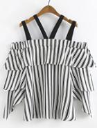 Romwe Cold Shoulder Vertical Striped Layered Top