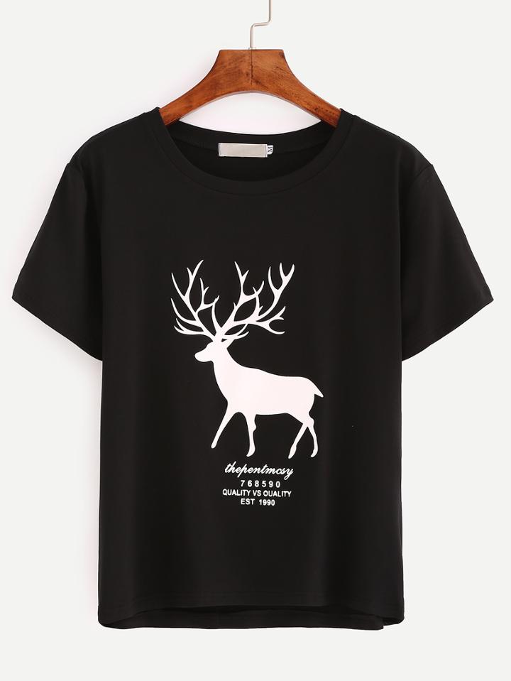 Romwe Black Deer Print T-shirt