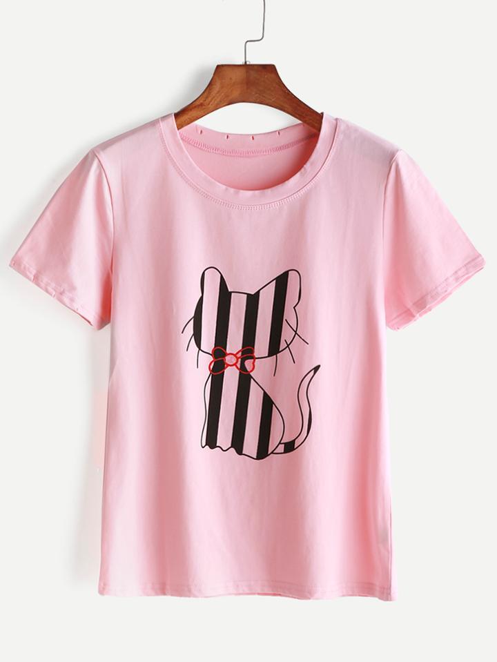 Romwe Pink Cat Print T-shirt