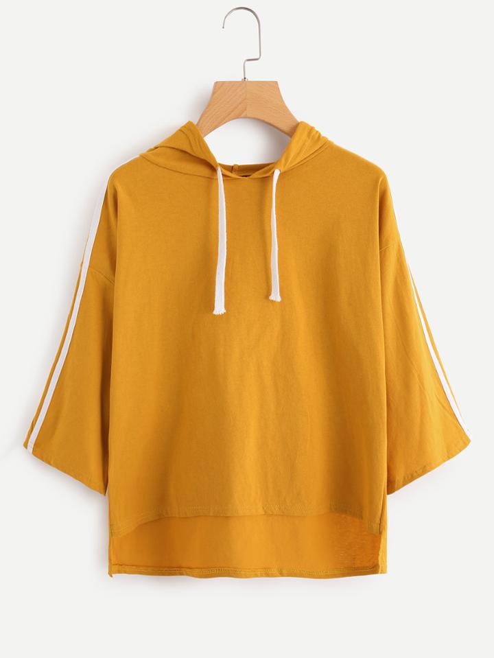 Romwe Hooded Side Striped Dip Hem Sweatshirt