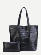 Romwe Black Pu Hollow Out Tote Bag With Clutch