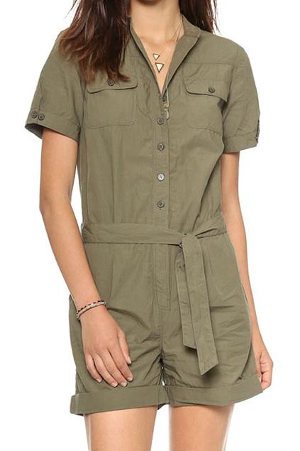 Romwe Belted Single Breasted Rolled-hem Playsuit