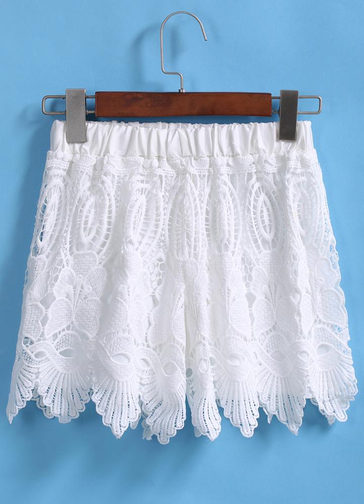 Romwe Elastic Waist Asymmetrical Hem Lace White Shorts