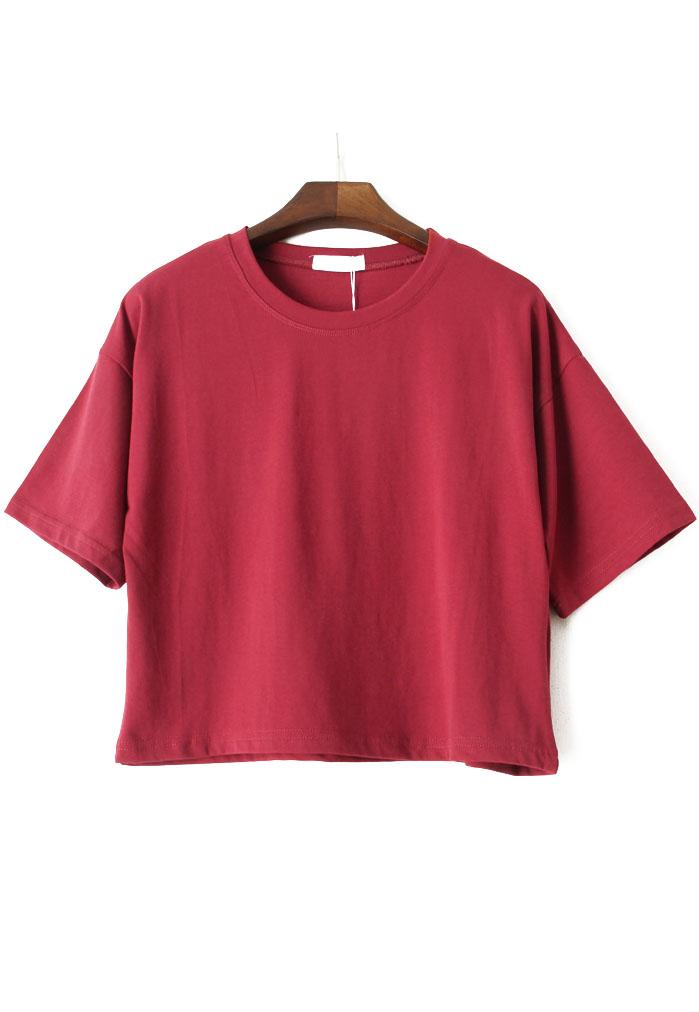Romwe Round Neck Crop Wine Red T-shirt