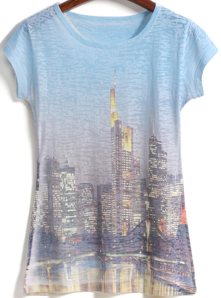 Romwe Building Print Short Sleeve T-shirt