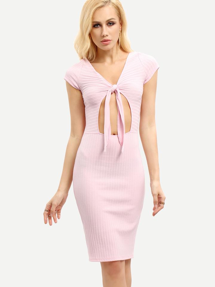 Romwe Light Pink Hollow Tie Bodycon Dress