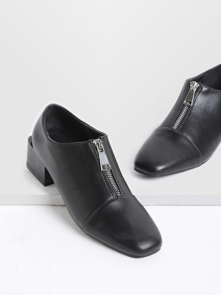 Romwe Black Zipper Detail Square Toe Pu Heels