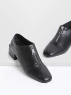 Romwe Black Zipper Detail Square Toe Pu Heels