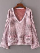 Romwe Front Pocket V Neckline Striped Sweater