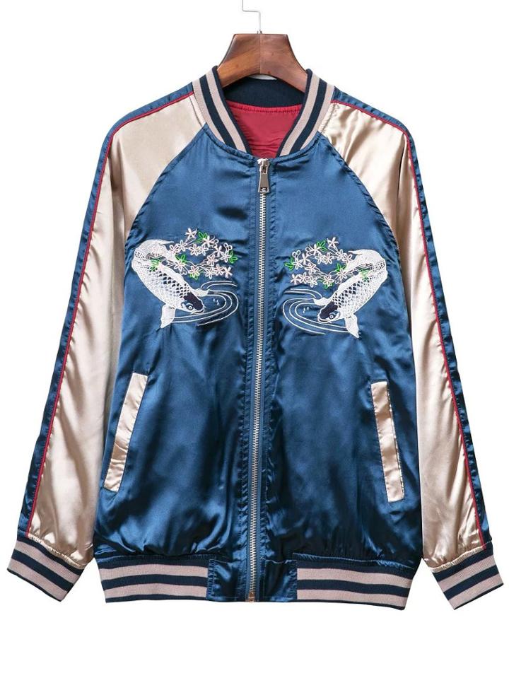 Romwe Blue Pockets Zipper Front Fishes Embroidery Jacket