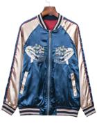 Romwe Blue Pockets Zipper Front Fishes Embroidery Jacket