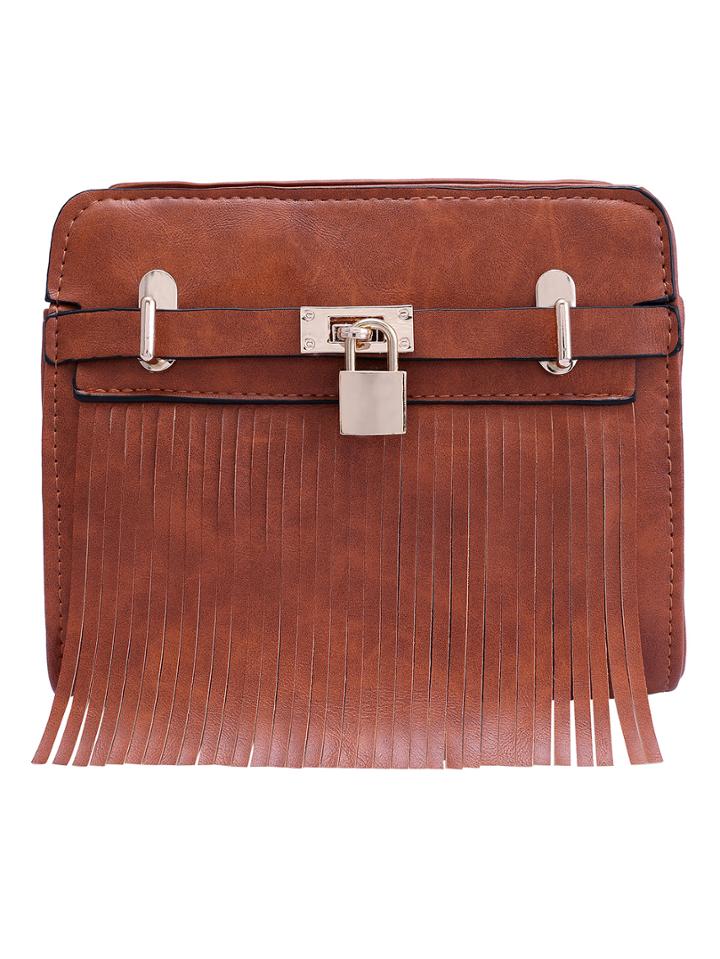 Romwe Dark Brown Zipper Tassel Lock Bag