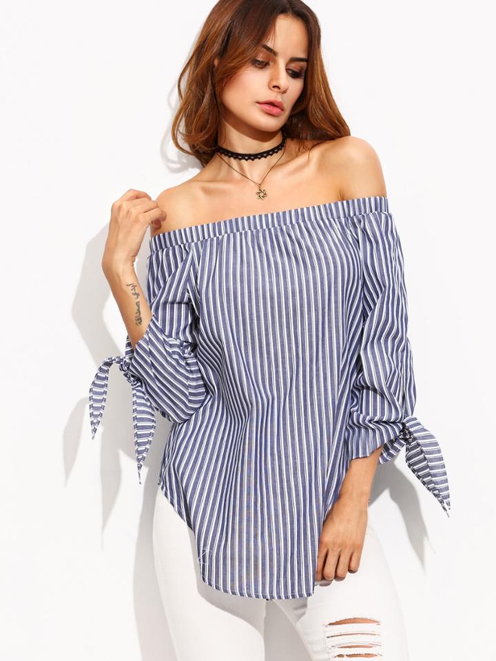 Romwe Stripe Tie Cuff Bardot Blouse