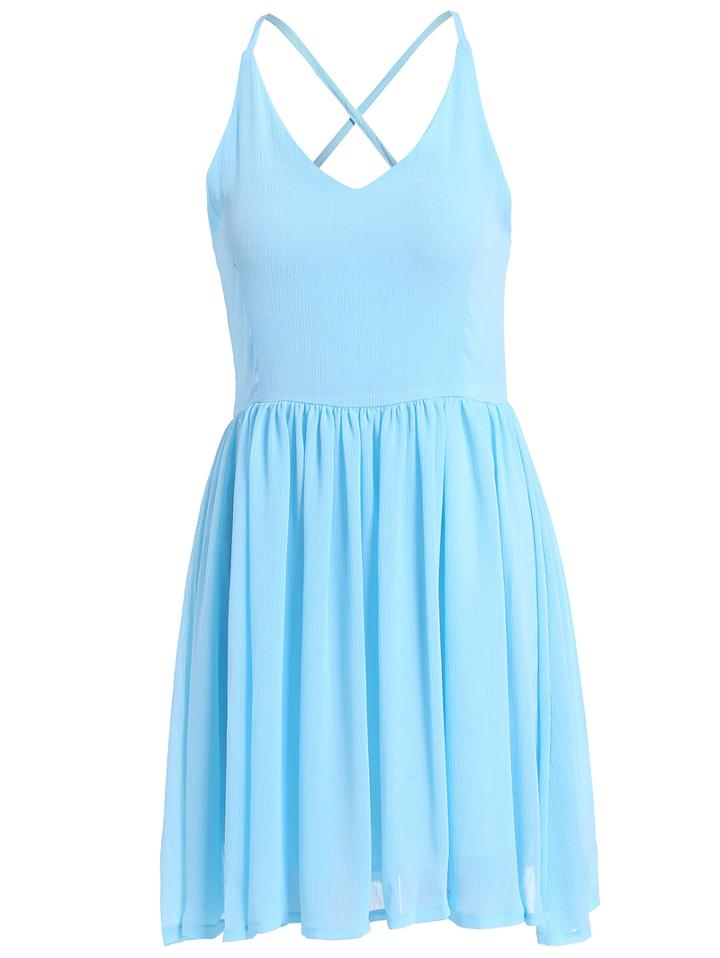 Romwe With Zipper Spaghetti Strap Pleated Blue Dress