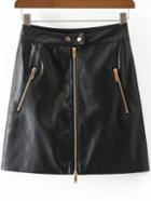 Romwe Black Zipper Detail Pu Skirt