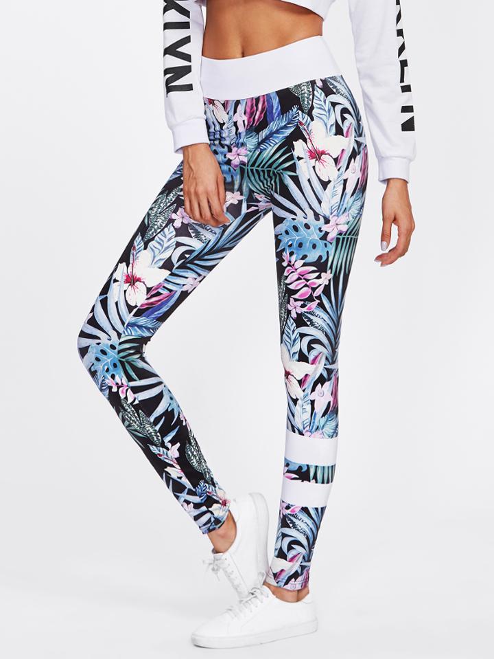Romwe Floral Print Varsity Striped Leggings