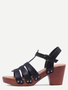 Romwe Black Faux Leather Caged Wooden Heel Sandals