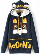 Romwe Hooded Rabbit Pattern Navy Sweatshirt