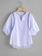Romwe Vertical Striped Embroidery Lantern Sleeve Blouse