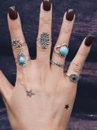 Romwe 6pcs/set Branches Pattern Blue Stone Rings