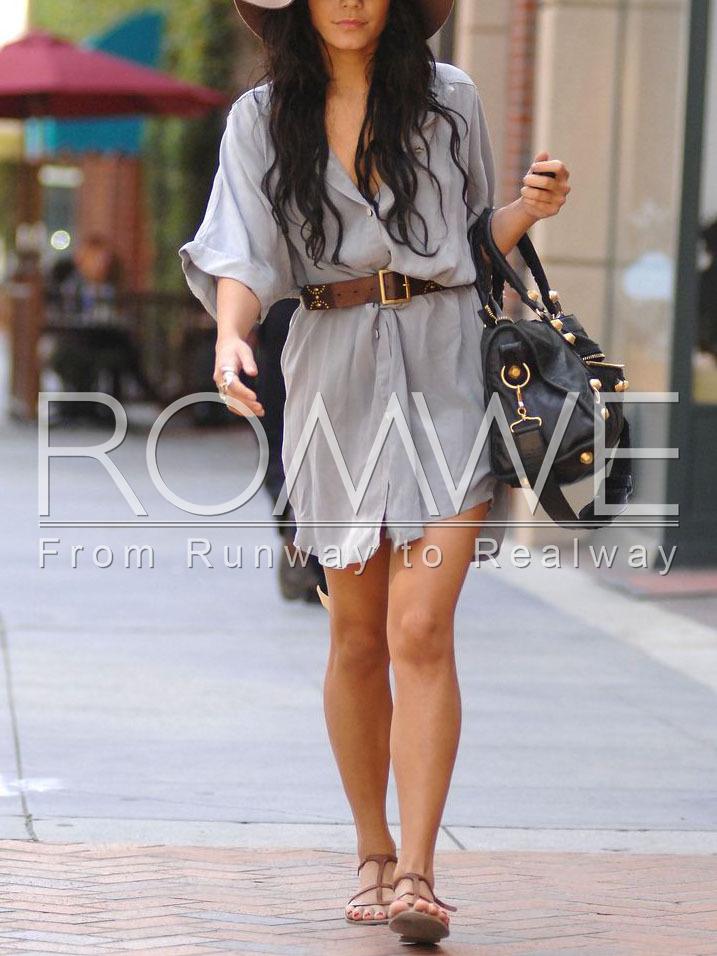 Romwe Grey Deep V Neck Shirt Dress