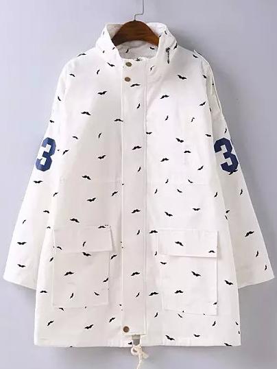 Romwe Stand Collar Moustache Print White Coat