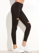 Romwe Black Ripped Pockets Stretch Leggings