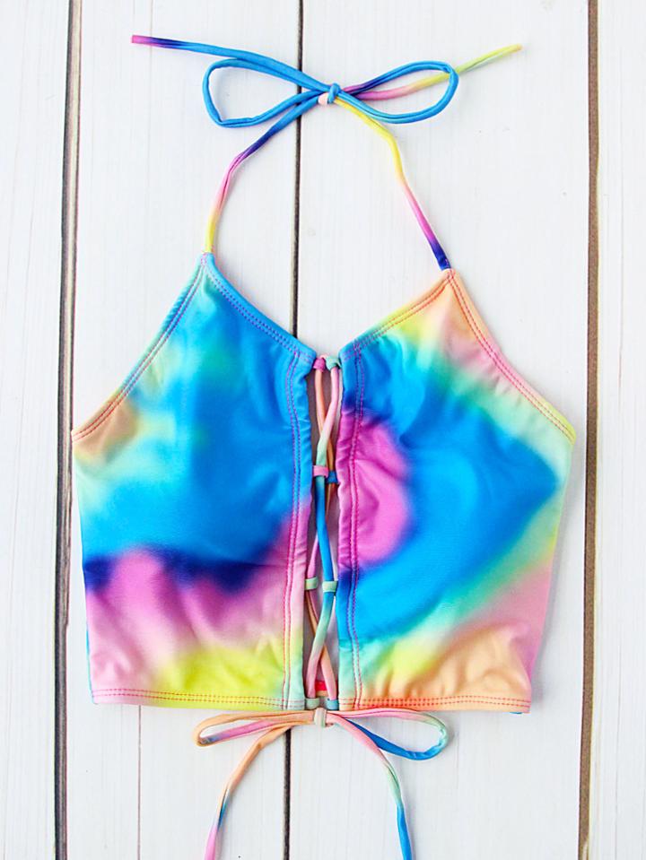 Romwe Ombre Lace Up Halter Tankini Top