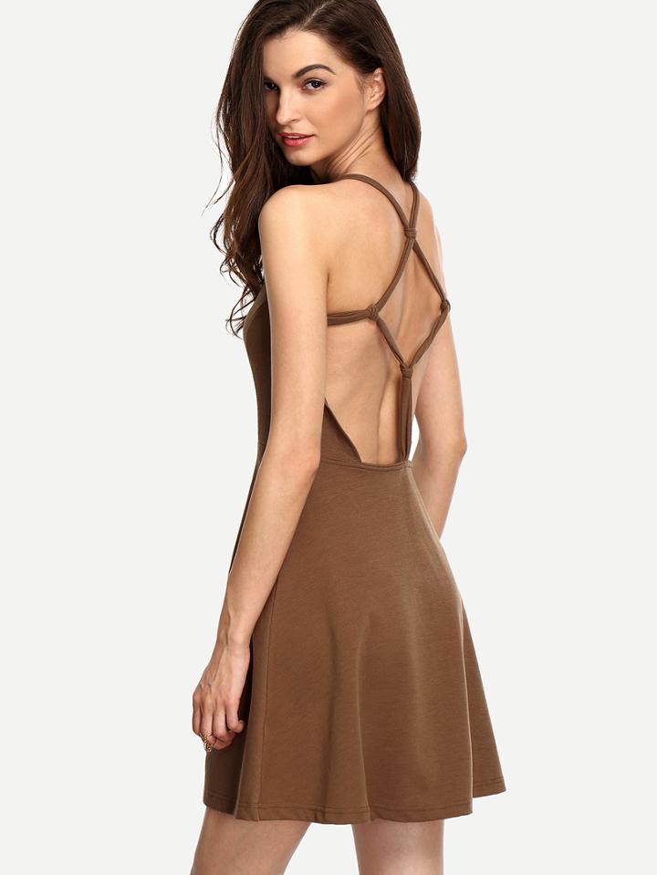 Romwe Brown Knotted Caged Back Skater Dress